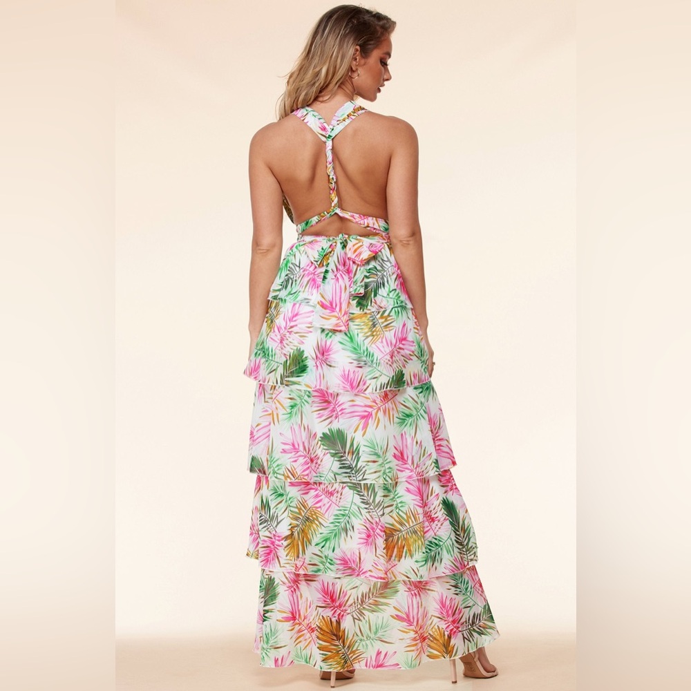 Tropical print halter neck maxi dress with adjustable tie back and ruffles